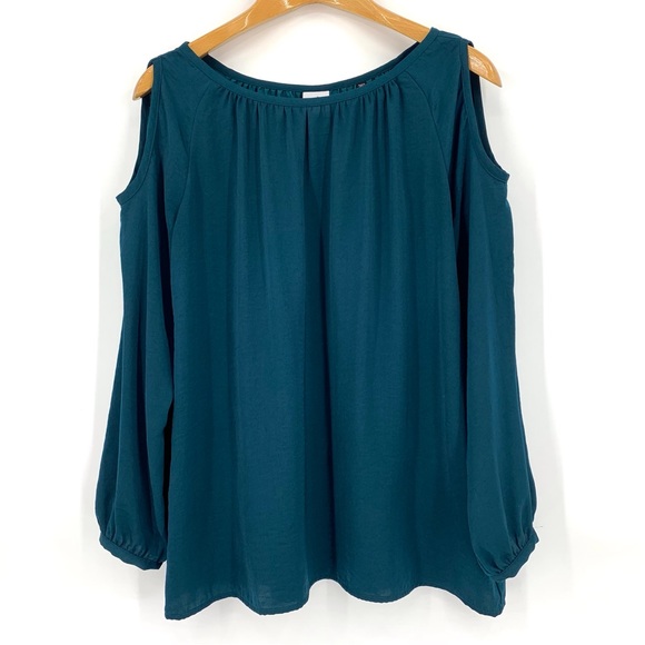 Cabi Fetching Blouse # 3504, Spruce Green Cold Shoulder Long Sleeve Top, Medium - Picture 12 of 16